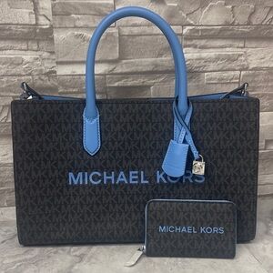 Michael Kors Scarlett Med Satchel & Matching Wallet Set Black/Sth Pacific Blue